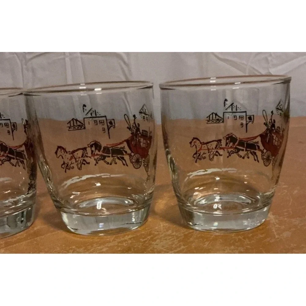 Vintage‎ 1950s Libbey Stagecoach & Horses Low Ball Glasses, Set Of 4, Gold Rim